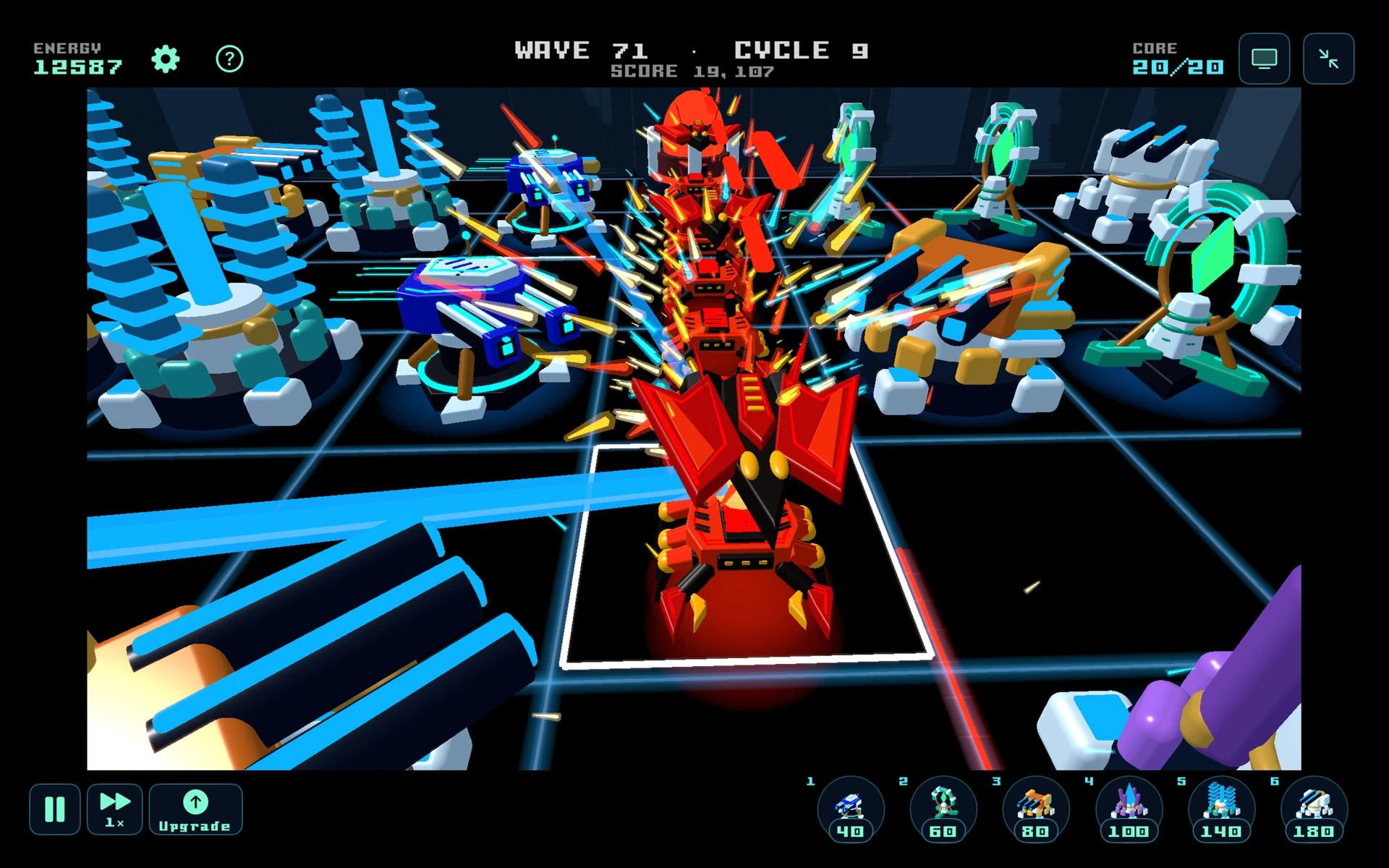 Close 3D view of Sector Siege towers firing into a line of enemies
