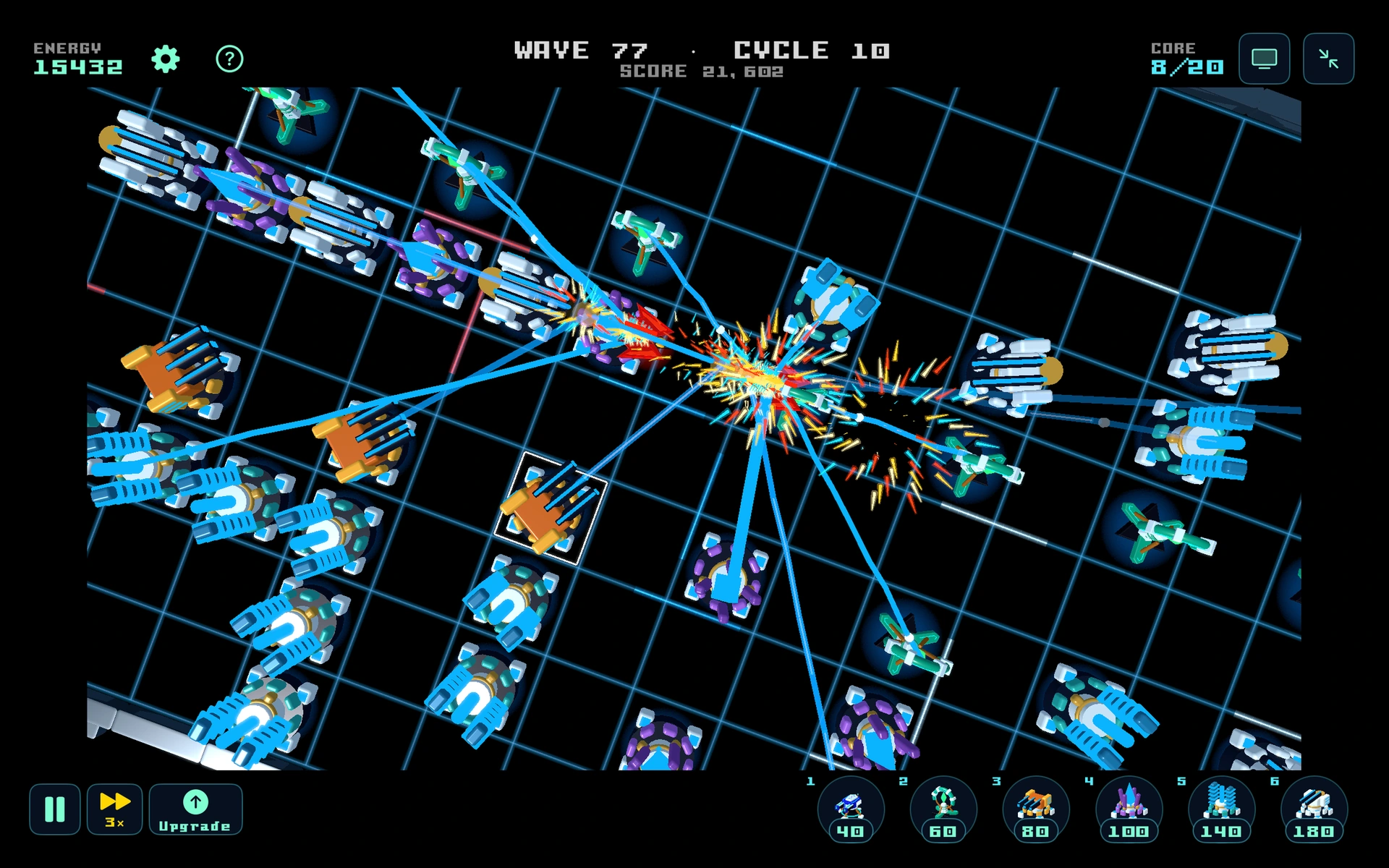 Sector Siege towers firing blue beams into an explosive battle across the 3D arena