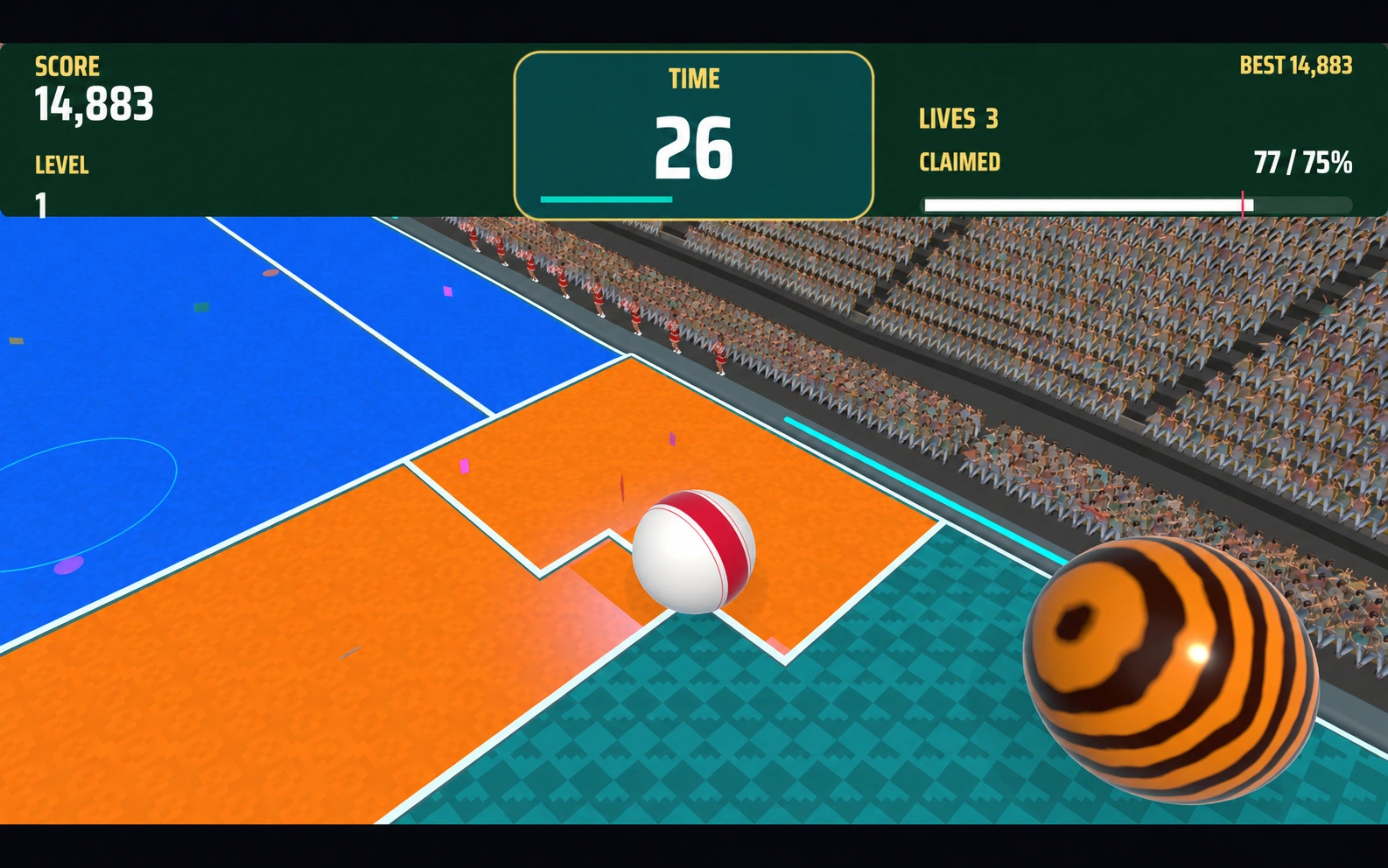 A bright 3D view of the Stake That Claim court, colorful balls, and cheering crowd