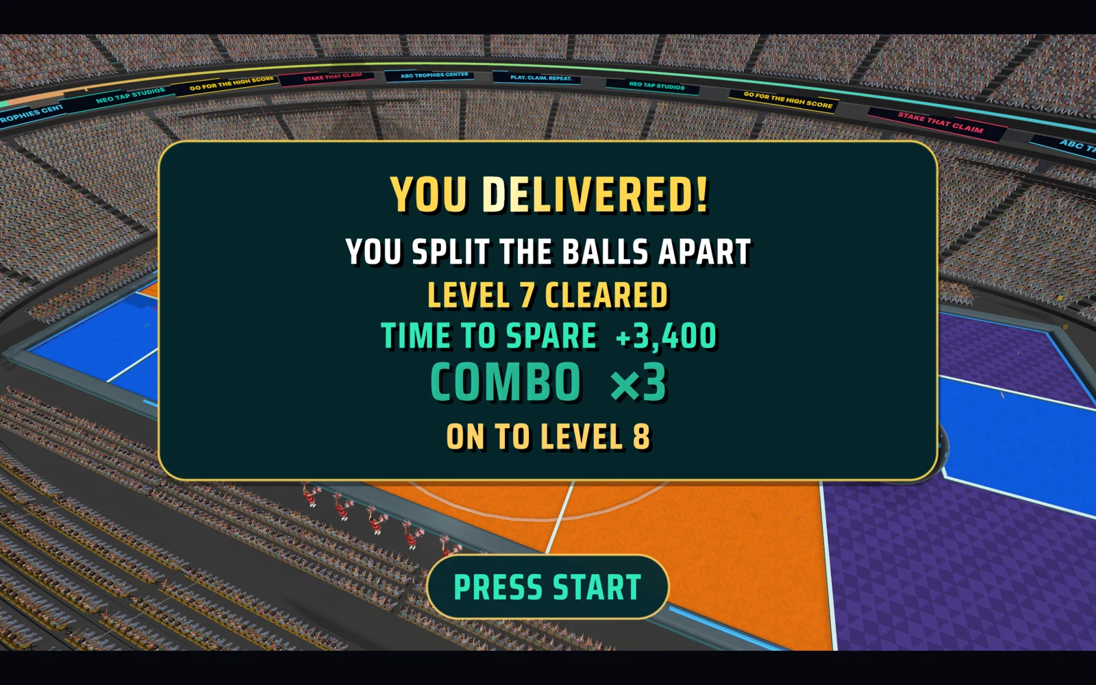 Stake That Claim victory screen showing a split clear, time bonus, and combo multiplier